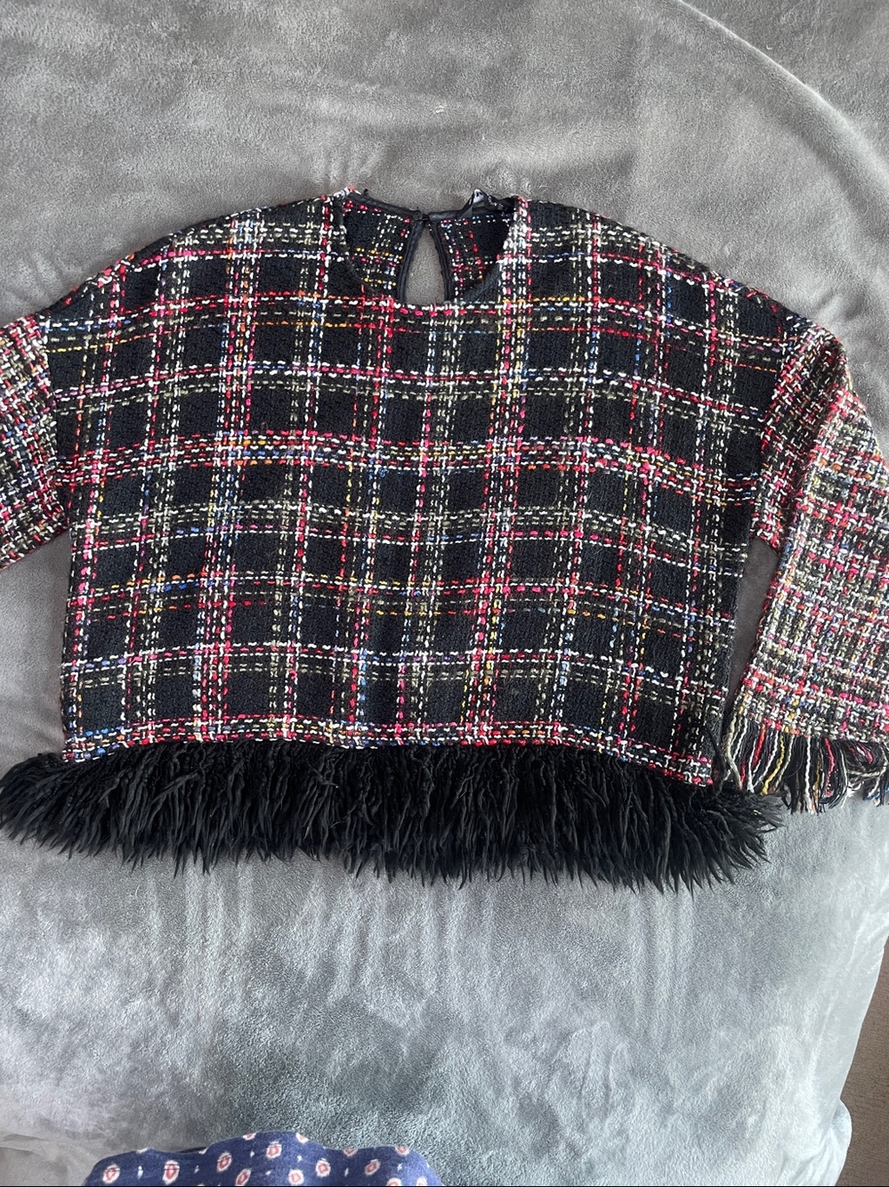 Zara Black Plaid Fringe Knit Poncho with Multi Yarn Accents